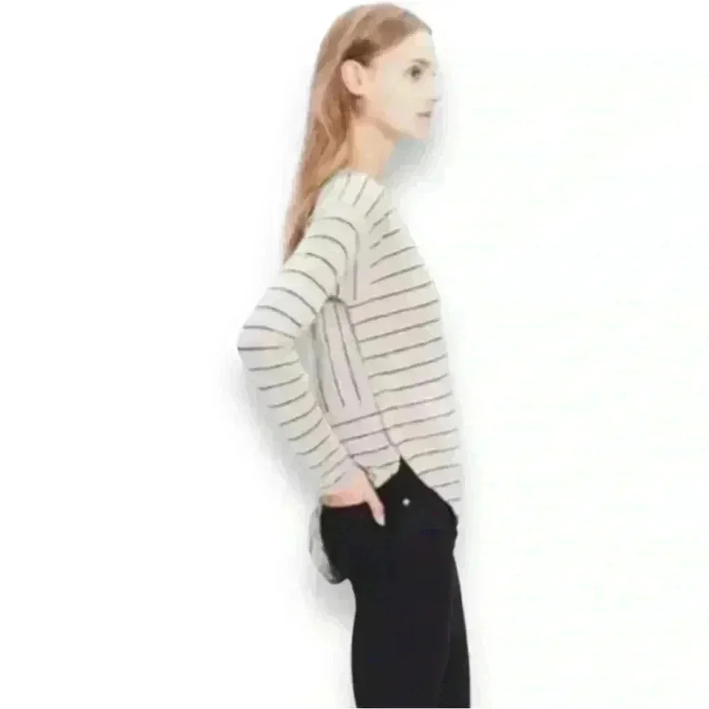Madewell Long Sleeve Stripe Pattern V-neck Beige Relaxed Fit High-Low Anthem Tee - Picture 2 of 16